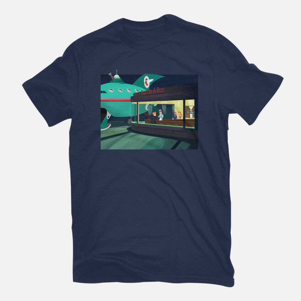Fun On A Bun – Sci-Fi Graphic T-Shirt in navy, flat-lay product view
