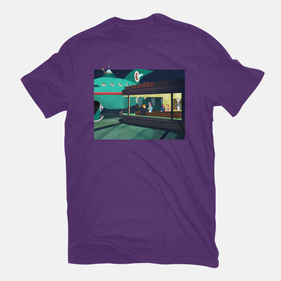 Fun On A Bun – Sci-Fi Graphic T-Shirt in purple, flat-lay product view