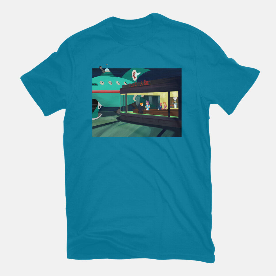 Fun On A Bun – Sci-Fi Graphic T-Shirt in turquoise, flat-lay product view