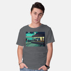 Model wearing charcoal Fun On A Bun – Sci-Fi Graphic T-Shirt