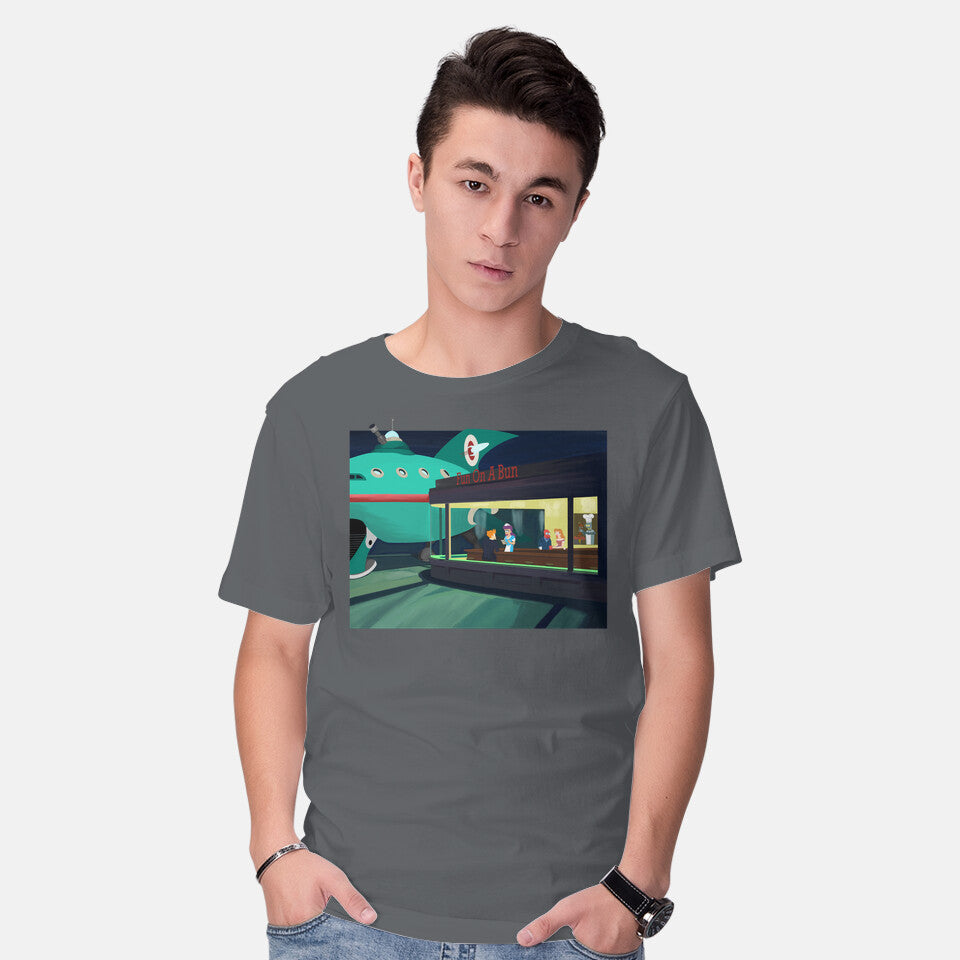Model wearing charcoal Fun On A Bun – Sci-Fi Graphic T-Shirt
