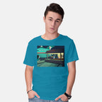 Model wearing turquoise Fun On A Bun – Sci-Fi Graphic T-Shirt