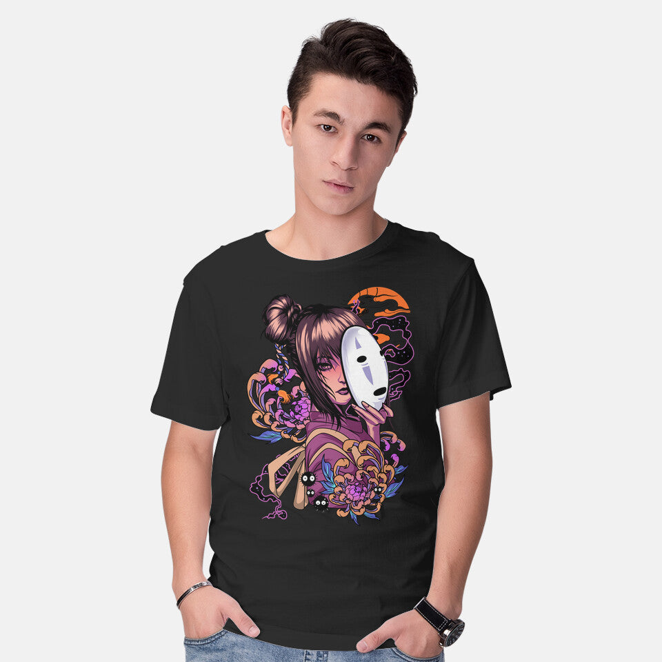 Model wearing black Chihiro Spirit – Fantasy Graphic T-Shirt