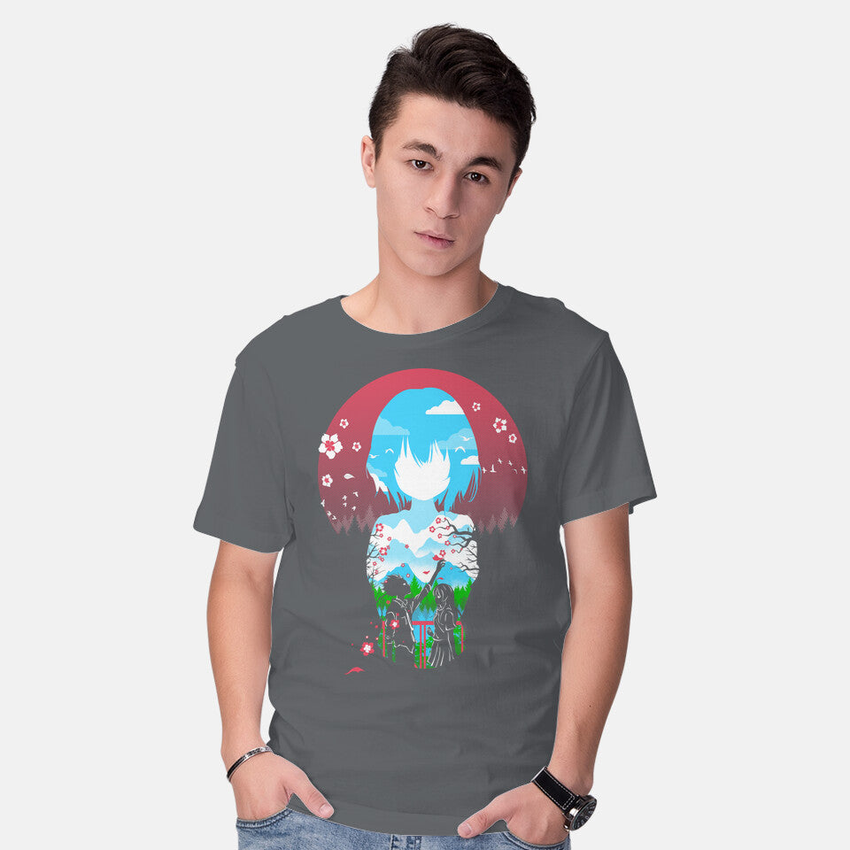 Model wearing charcoal A Silent Love – Anime Graphic T-Shirt
