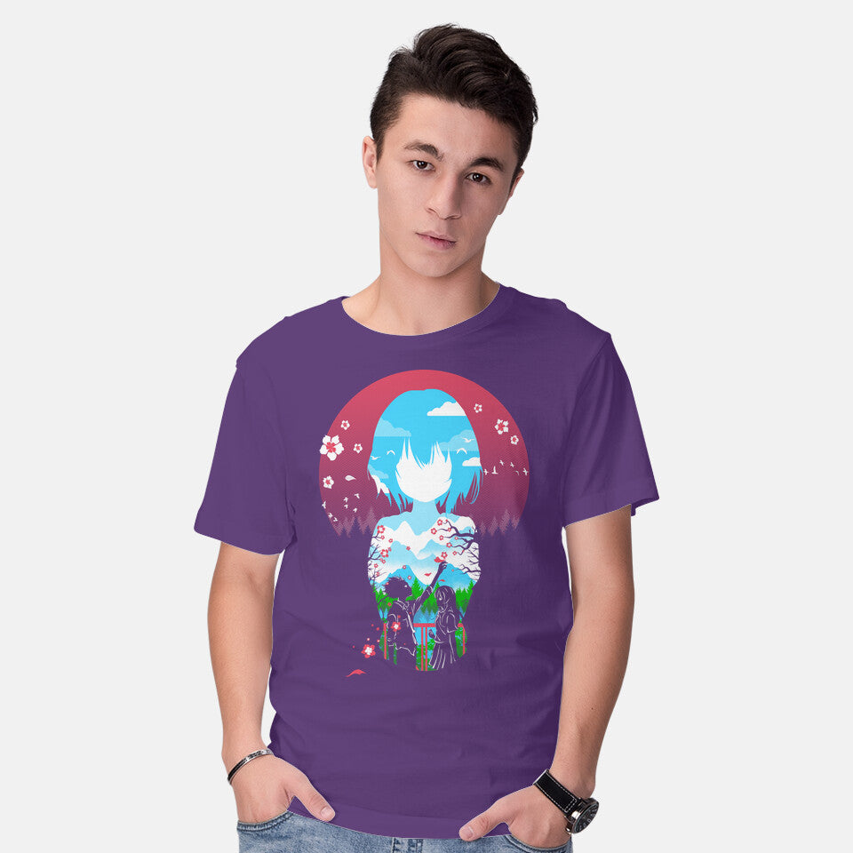 Model wearing purple A Silent Love – Anime Graphic T-Shirt