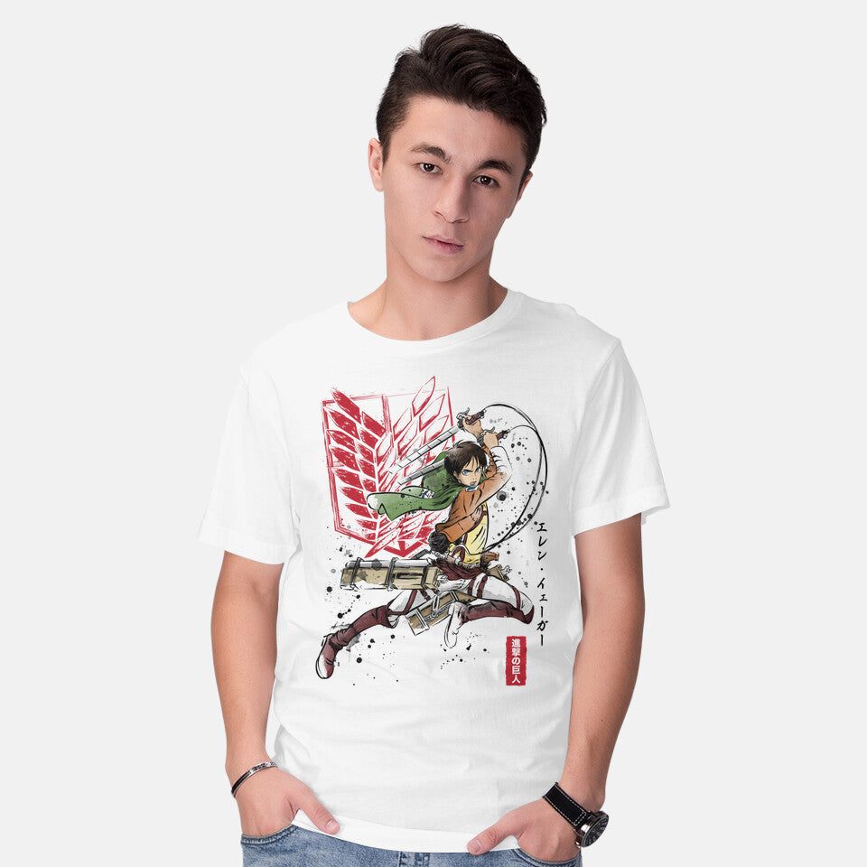 Model wearing white Soldier Eren – Anime Graphic T-Shirt