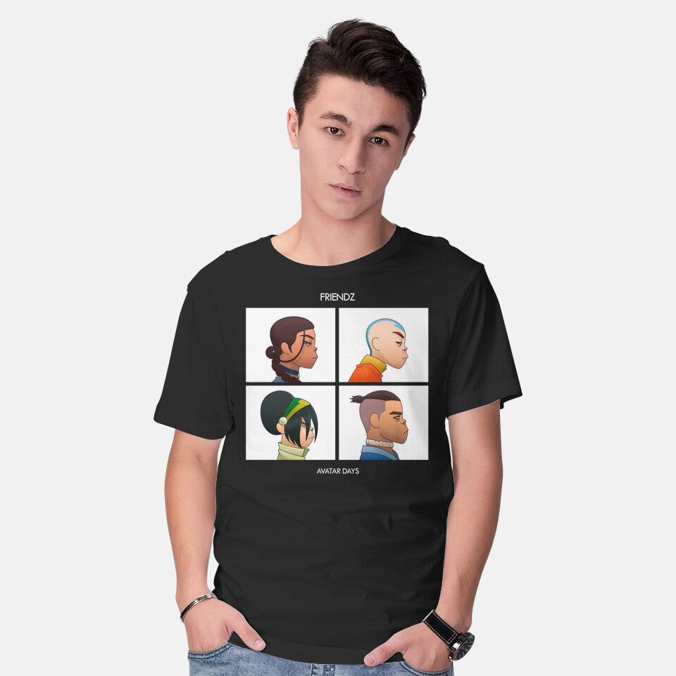 Model wearing black Friendz – Anime Graphic T-Shirt