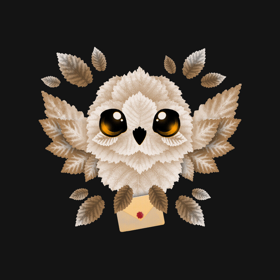 Owl Mail Of Leaves – Fantasy Graphic T-Shirt design artwork for black graphic T-shirt