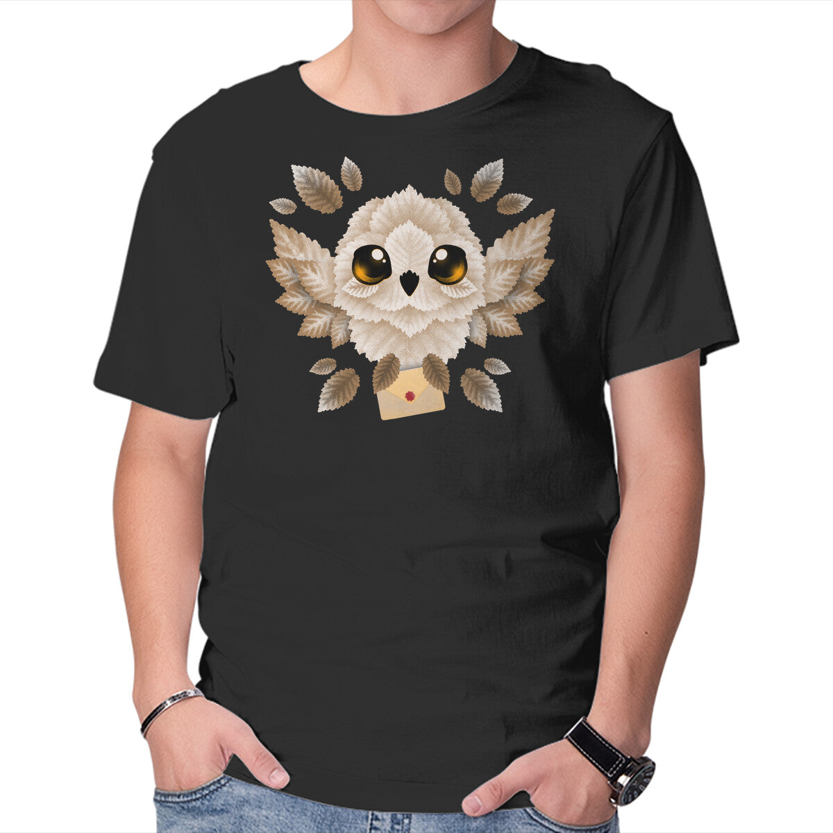 Owl Mail Of Leaves – Fantasy Graphic T-Shirt in black, product display