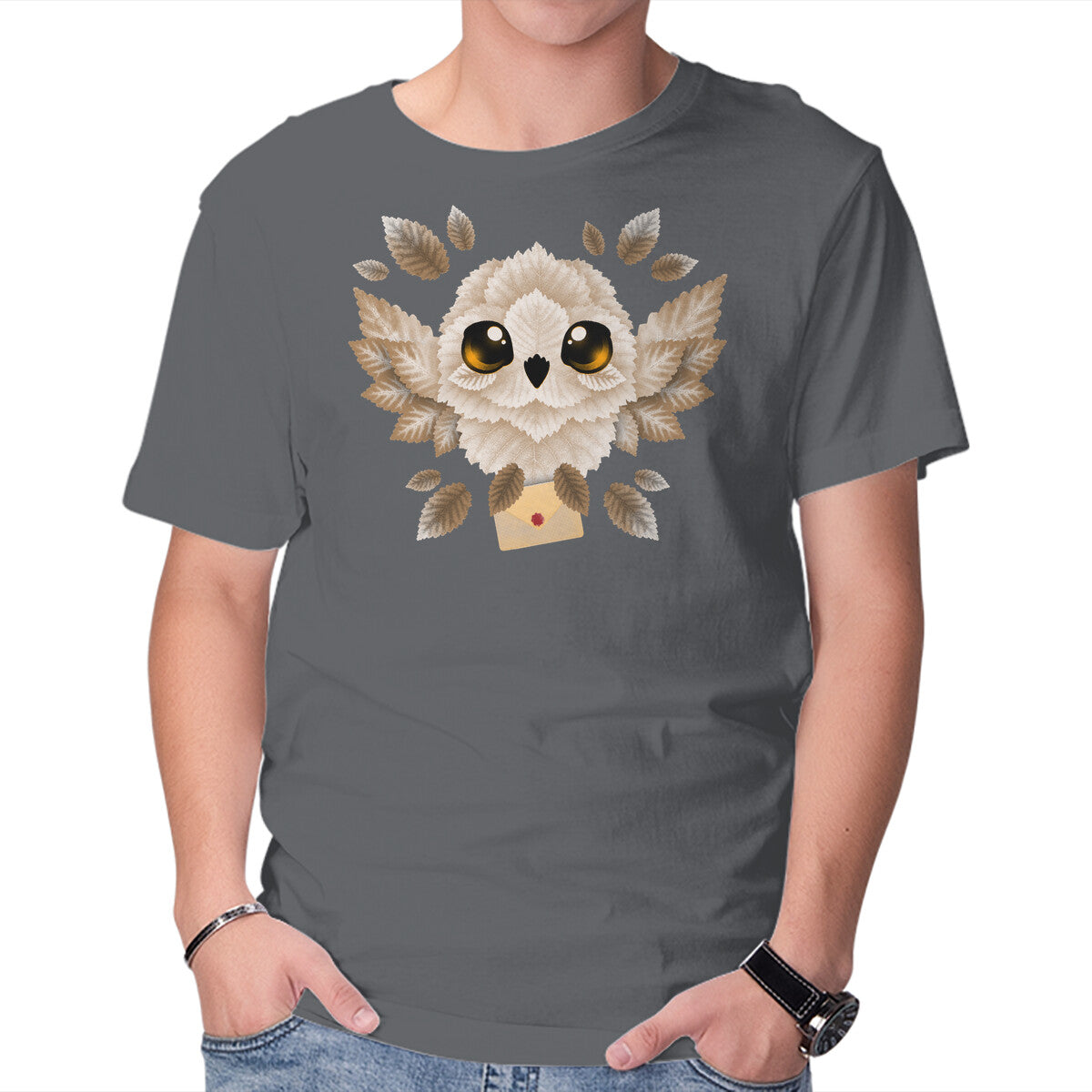 Owl Mail Of Leaves – Fantasy Graphic T-Shirt in charcoal, product display