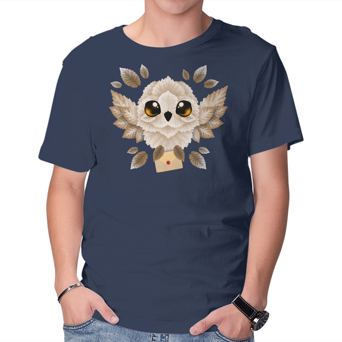 Owl Mail Of Leaves – Fantasy Graphic T-Shirt in navy, product display