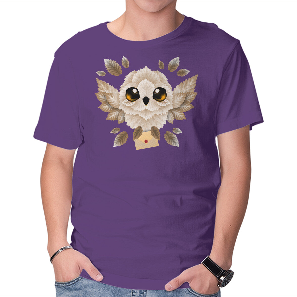 Owl Mail Of Leaves – Fantasy Graphic T-Shirt in purple, product display