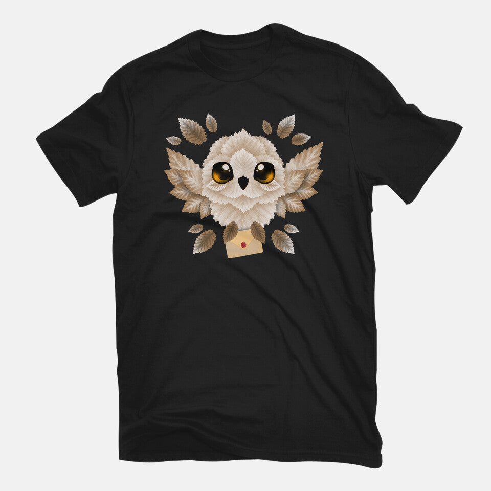 Owl Mail Of Leaves – Fantasy Graphic T-Shirt in black, flat-lay product view
