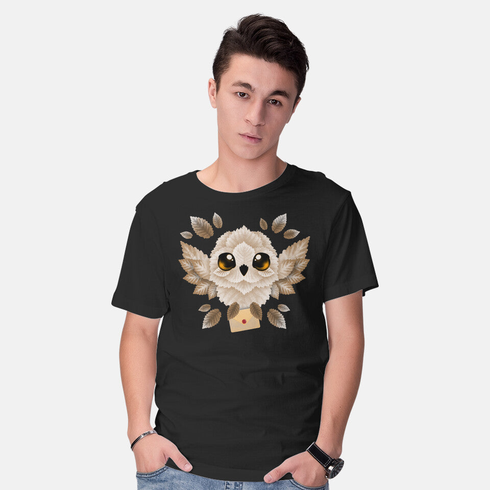 Model wearing black Owl Mail Of Leaves – Fantasy Graphic T-Shirt