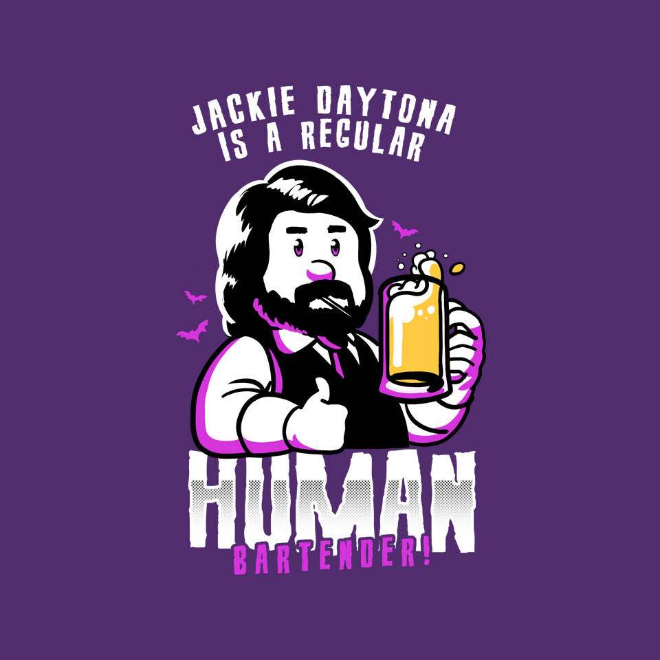Regular Human Bartender – Fantasy Graphic T-Shirt design artwork for purple graphic T-shirt