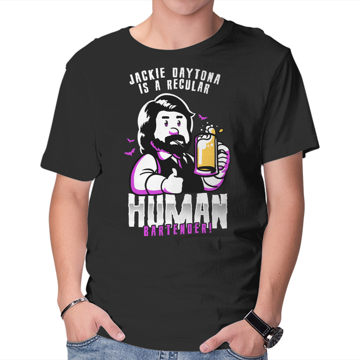 Regular Human Bartender – Fantasy Graphic T-Shirt in black, product display