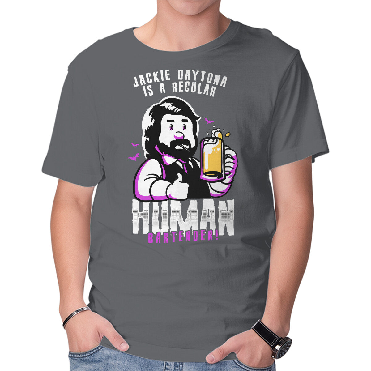 Regular Human Bartender – Fantasy Graphic T-Shirt in charcoal, product display