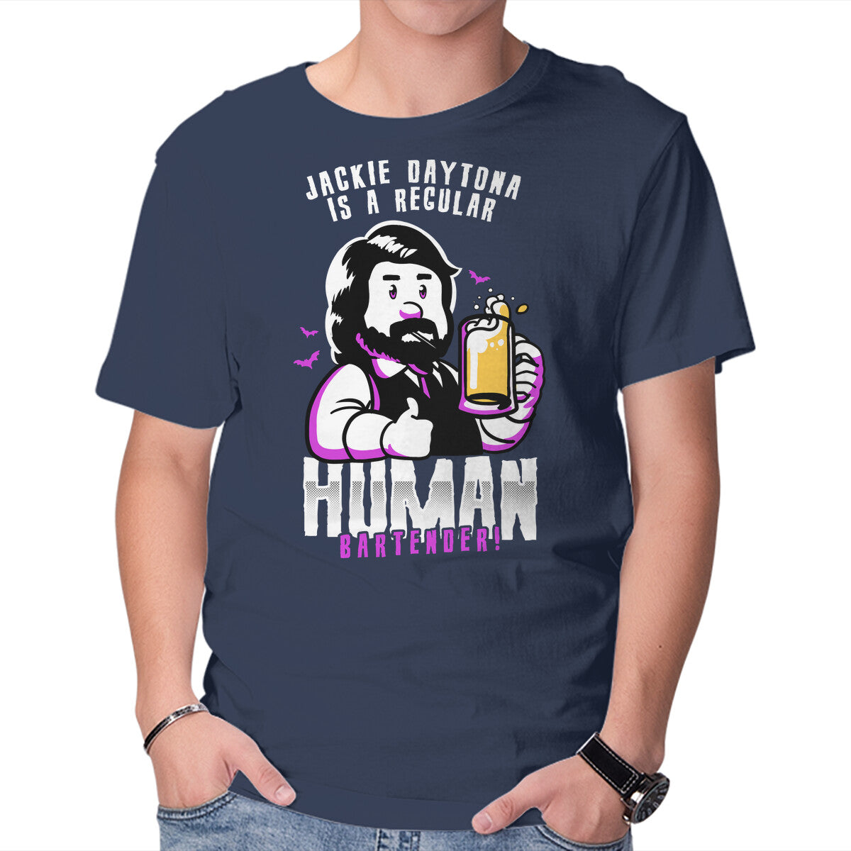 Regular Human Bartender – Fantasy Graphic T-Shirt in navy, product display