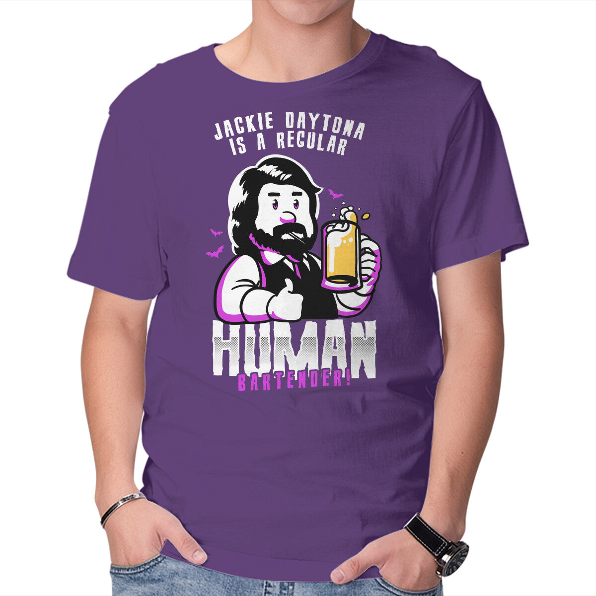 Regular Human Bartender – Fantasy Graphic T-Shirt in purple, product display