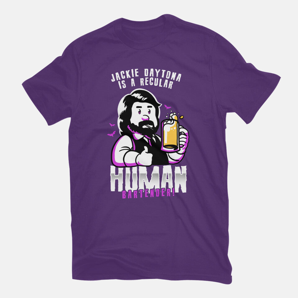 Regular Human Bartender – Fantasy Graphic T-Shirt in purple, flat-lay product view