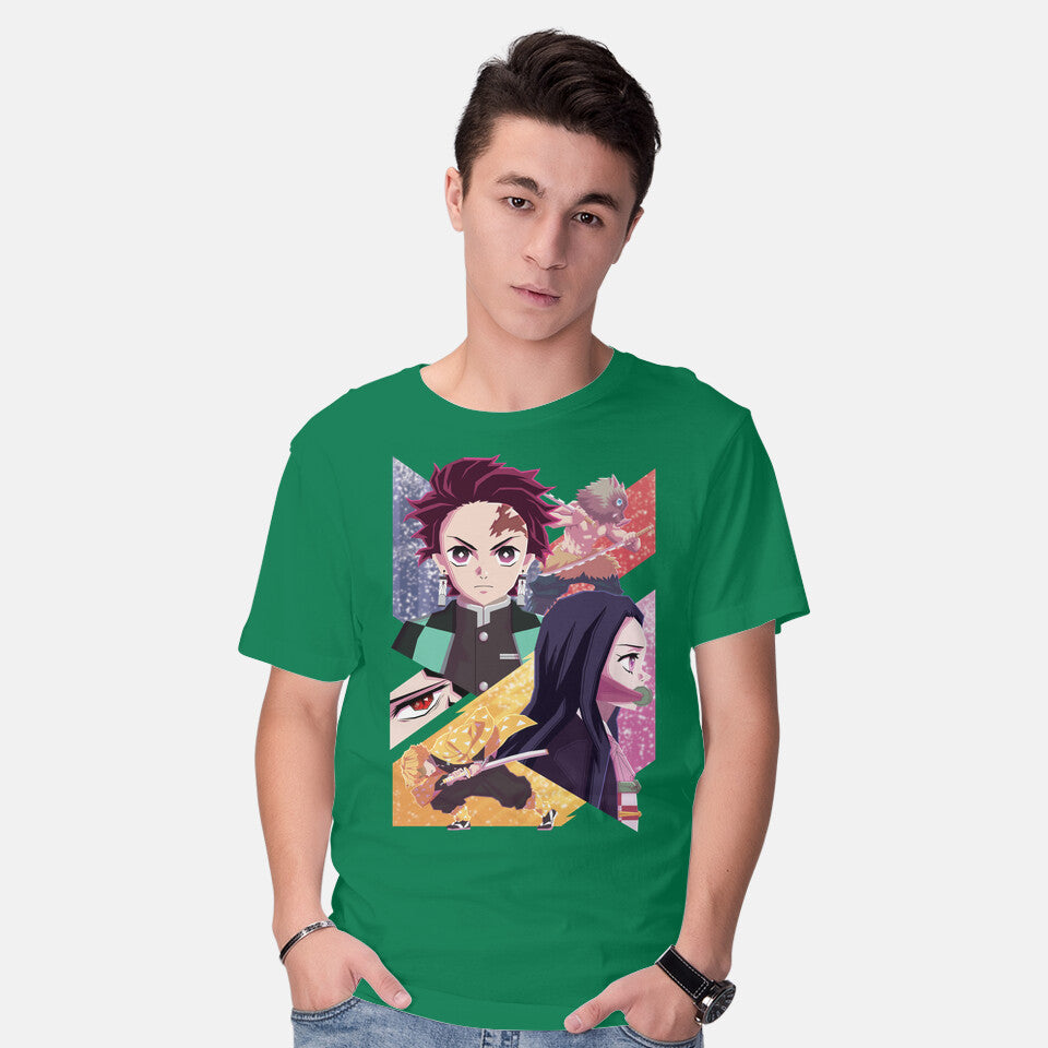 Model wearing green Slayer of Demons – Anime Graphic T-Shirt