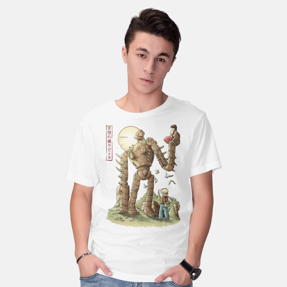 Model wearing white The Robot In The Sky – Fantasy Graphic T-Shirt