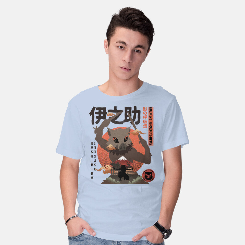 Model wearing blue Beast Breathing – Anime Graphic T-Shirt