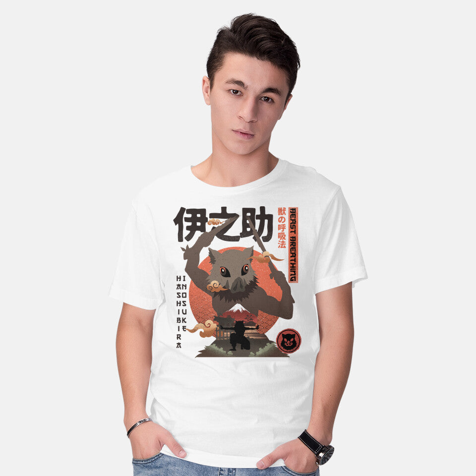 Model wearing white Beast Breathing – Anime Graphic T-Shirt