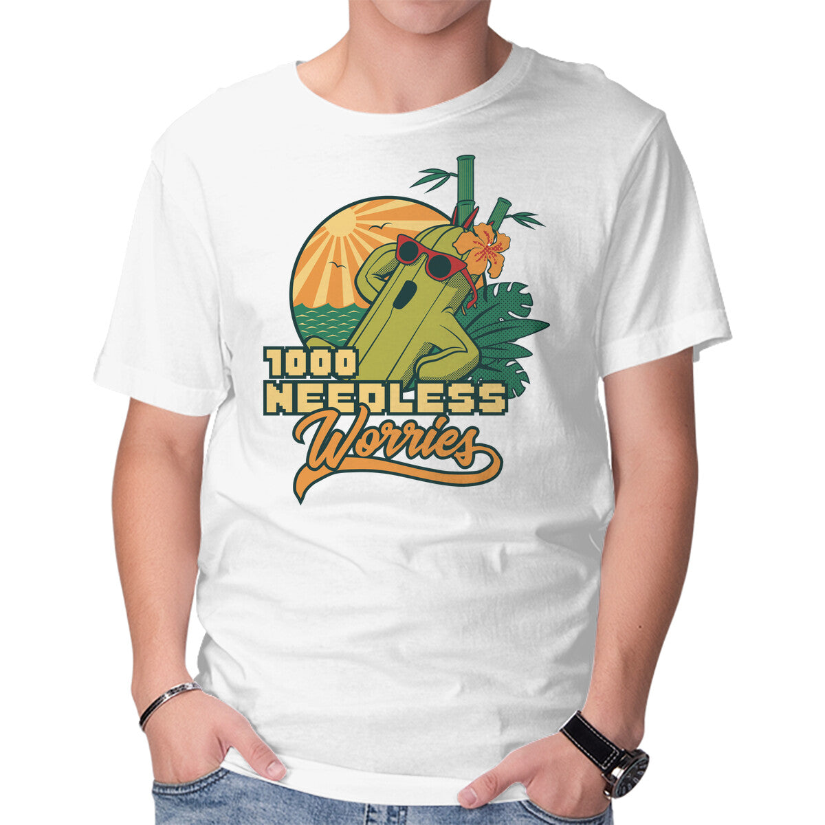 1000 Needless Worries – Gaming Graphic T-Shirt in white, product display