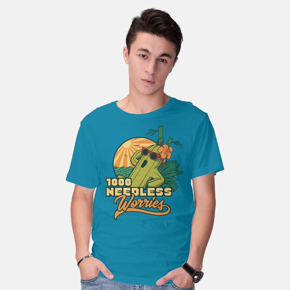 Model wearing turquoise 1000 Needless Worries – Gaming Graphic T-Shirt