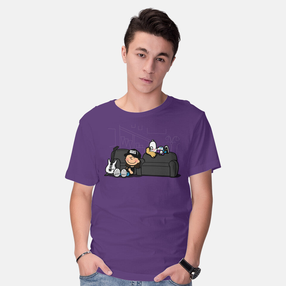 Model wearing purple Peanuts World – Music Graphic T-Shirt