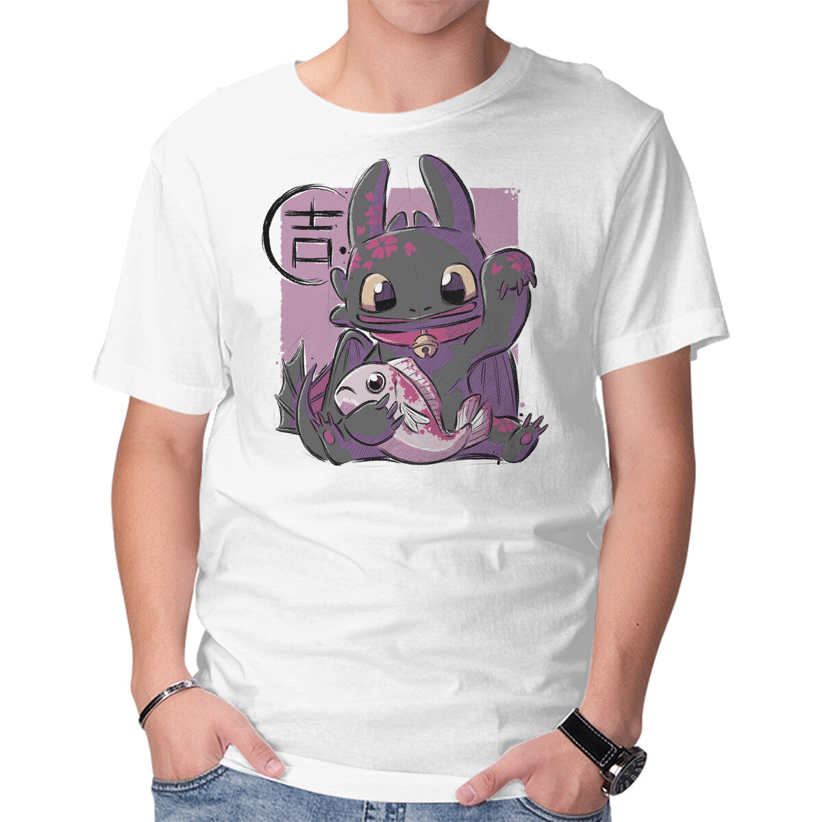 Maneki Toothless – Fantasy Graphic T-Shirt in white, product display