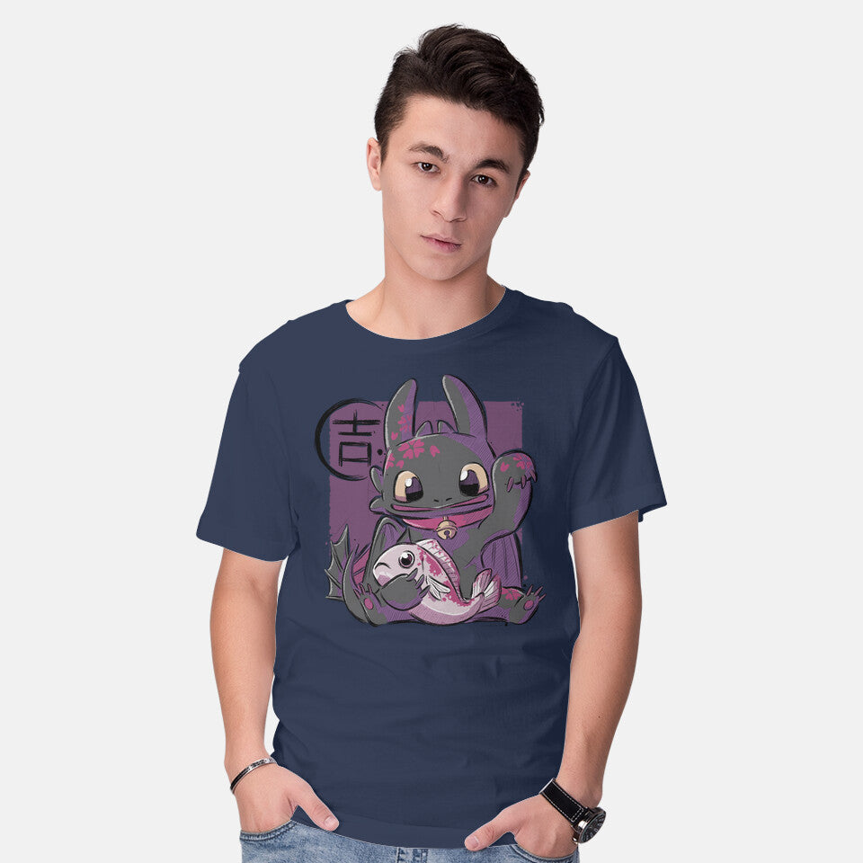 Model wearing navy Maneki Toothless – Fantasy Graphic T-Shirt