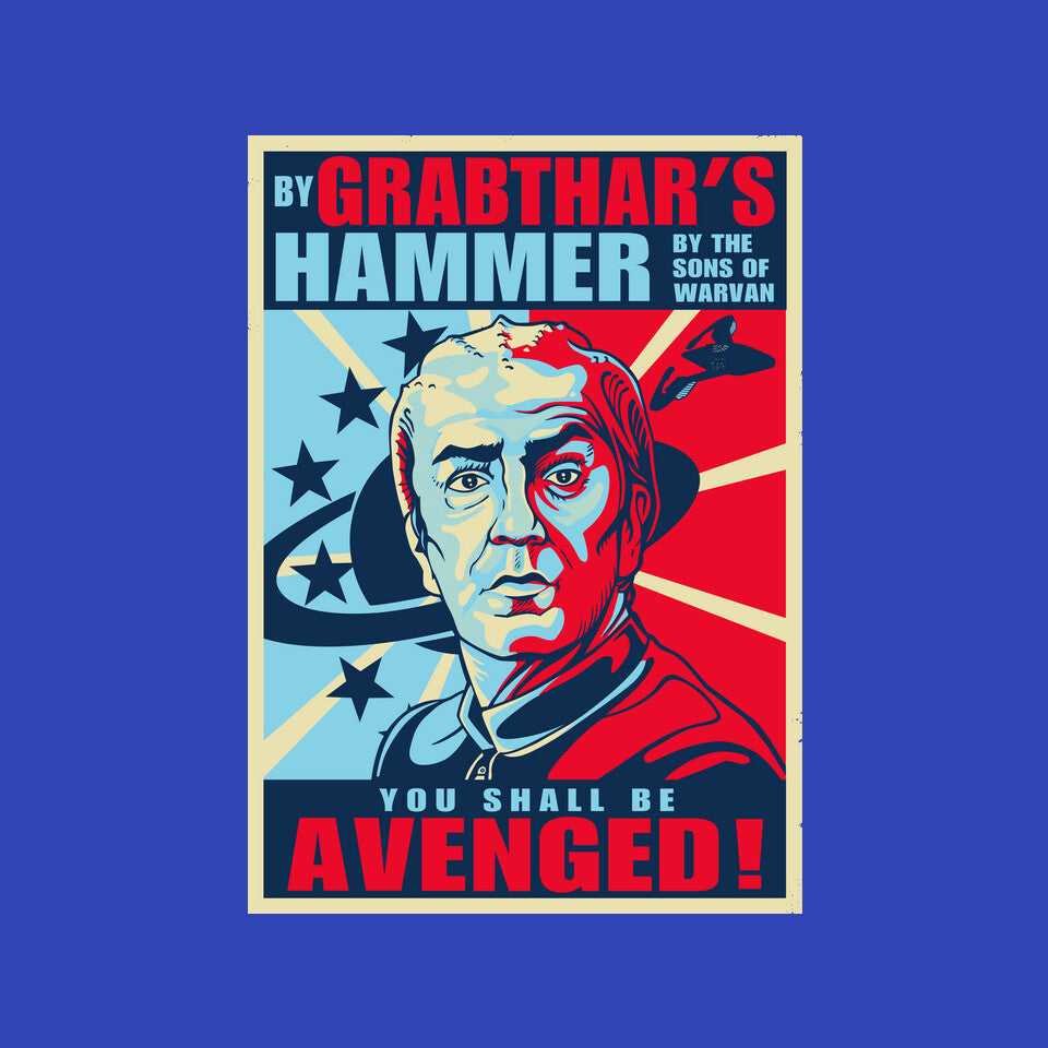 By Grabthar's Hammer – Sci-Fi Graphic T-Shirt design artwork for royal blue graphic T-shirt