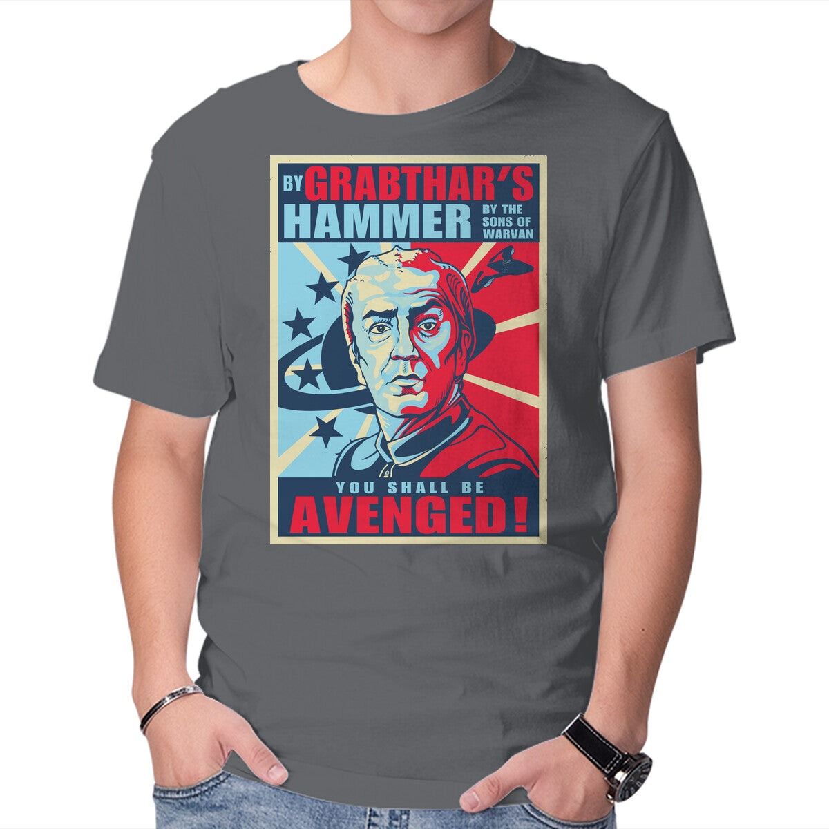 By Grabthar's Hammer – Sci-Fi Graphic T-Shirt in charcoal, product display