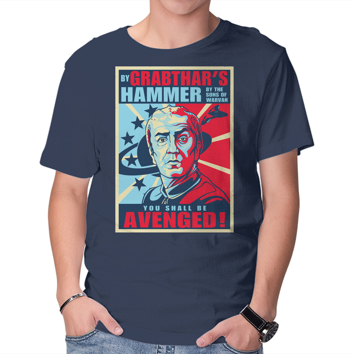 By Grabthar's Hammer – Sci-Fi Graphic T-Shirt in navy, product display
