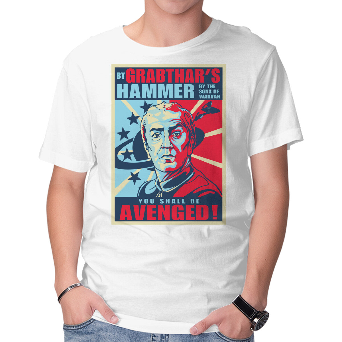 By Grabthar's Hammer – Sci-Fi Graphic T-Shirt in white, product display