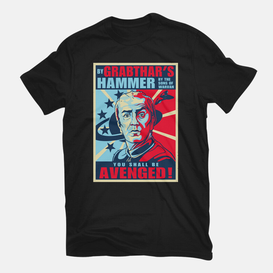 By Grabthar's Hammer – Sci-Fi Graphic T-Shirt in black, flat-lay product view