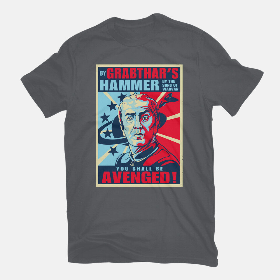 By Grabthar's Hammer – Sci-Fi Graphic T-Shirt in charcoal, flat-lay product view