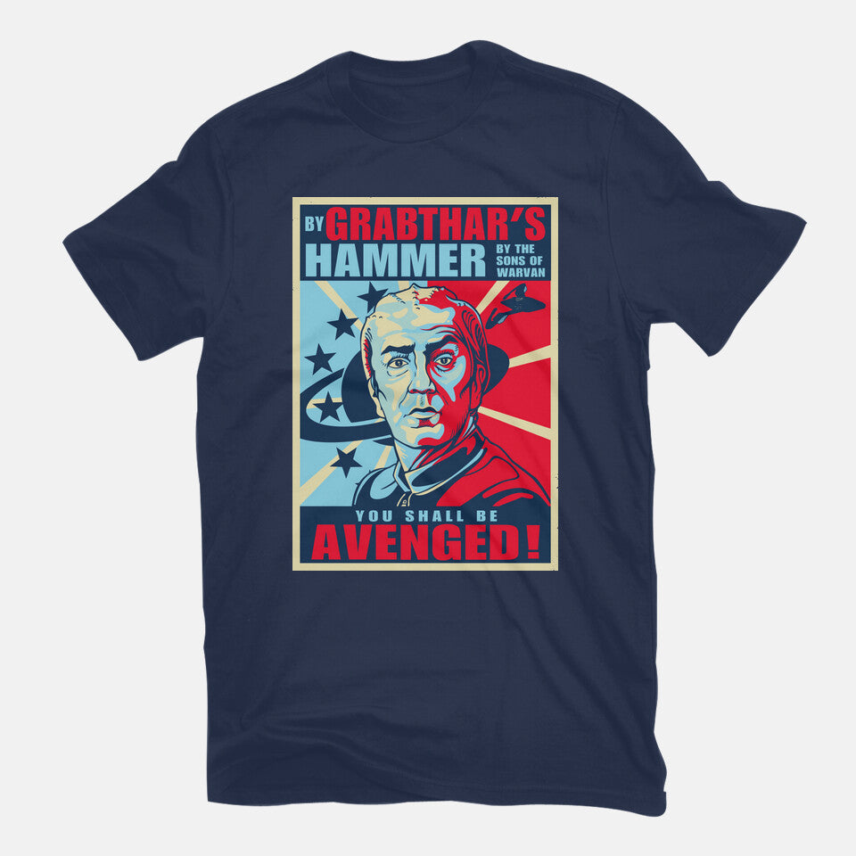 By Grabthar's Hammer – Sci-Fi Graphic T-Shirt in navy, flat-lay product view