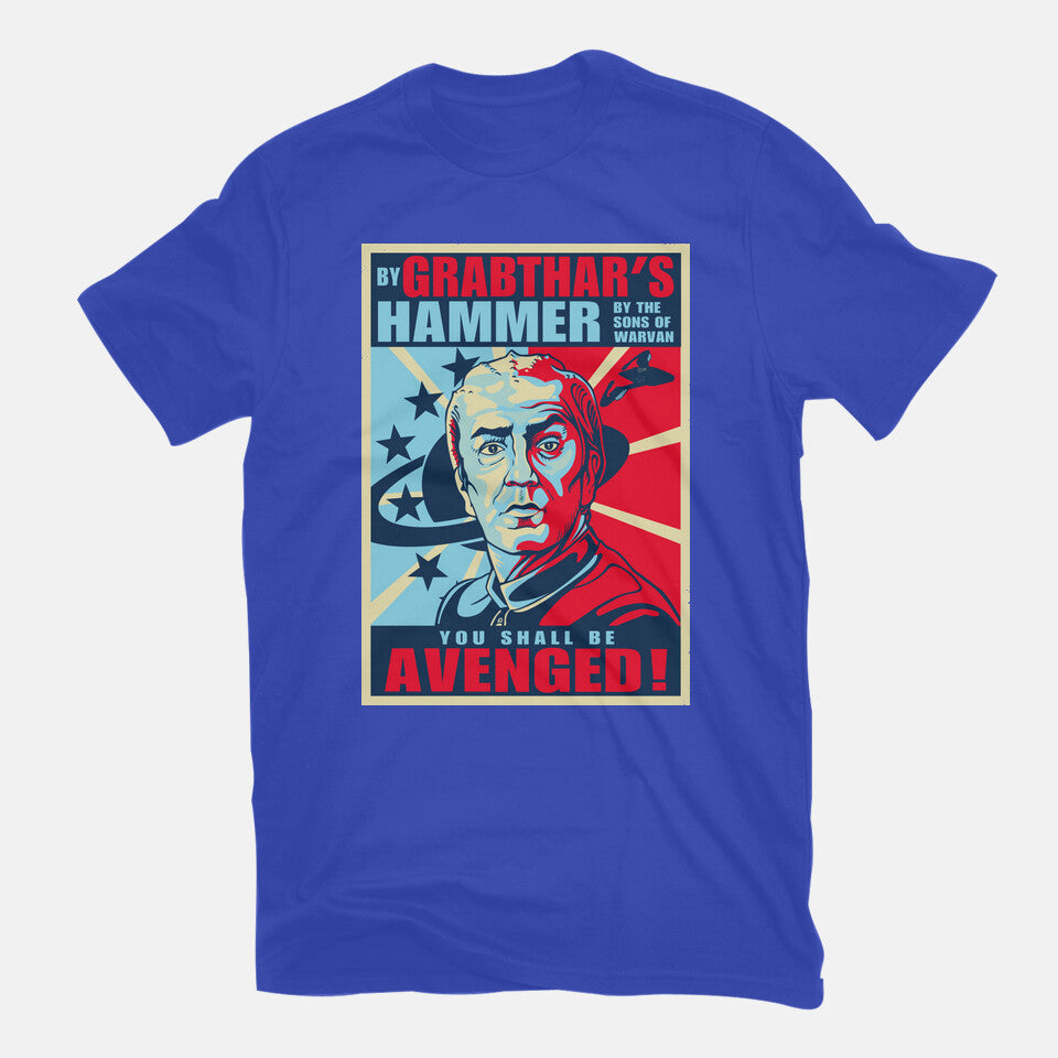 By Grabthar's Hammer – Sci-Fi Graphic T-Shirt in royal blue, flat-lay product view