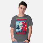 Model wearing charcoal By Grabthar's Hammer – Sci-Fi Graphic T-Shirt