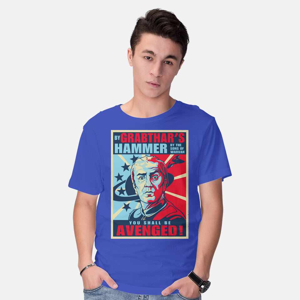 Model wearing royal blue By Grabthar's Hammer – Sci-Fi Graphic T-Shirt