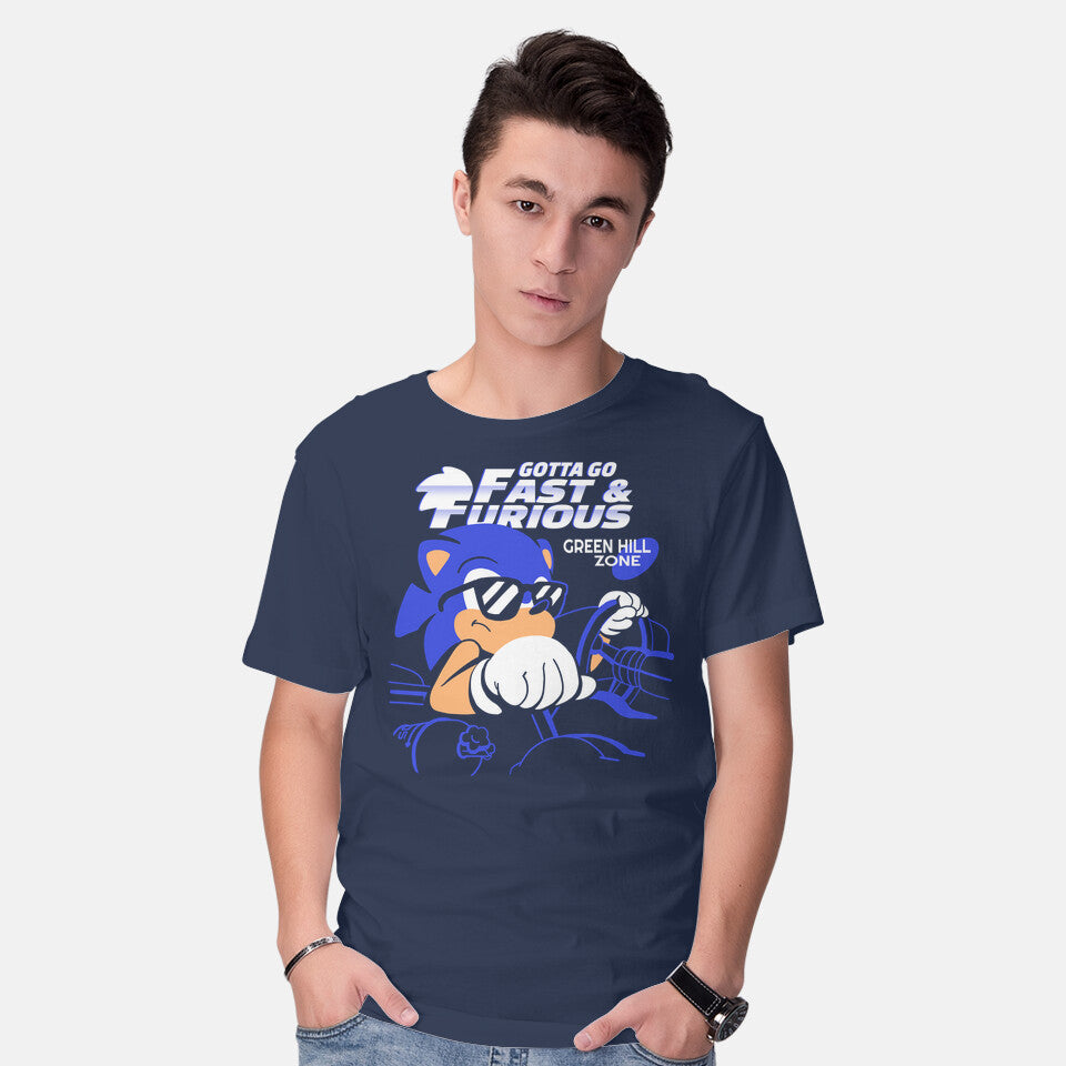 Model wearing navy Gotta Go Fast & Furious – Gaming Graphic T-Shirt