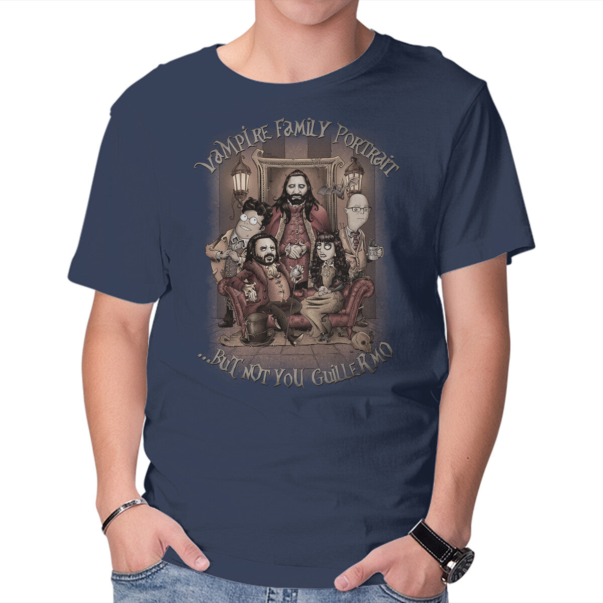 Vampire Family Portrait – Fantasy Graphic T-Shirt in navy, product display