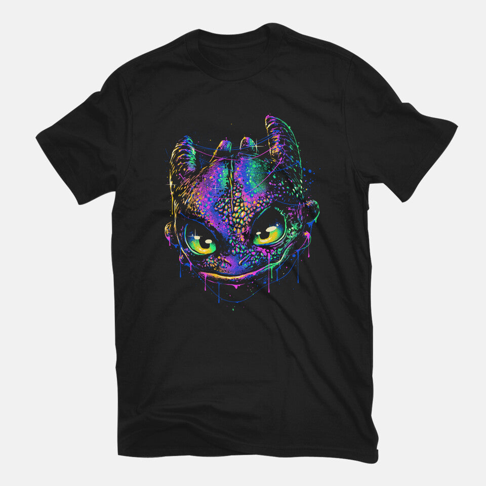 Colorful Midnight – Fantasy Graphic T-Shirt in black, flat-lay product view