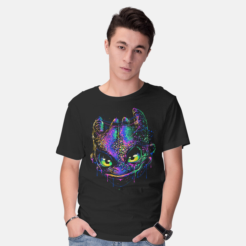 Model wearing black Colorful Midnight – Fantasy Graphic T-Shirt