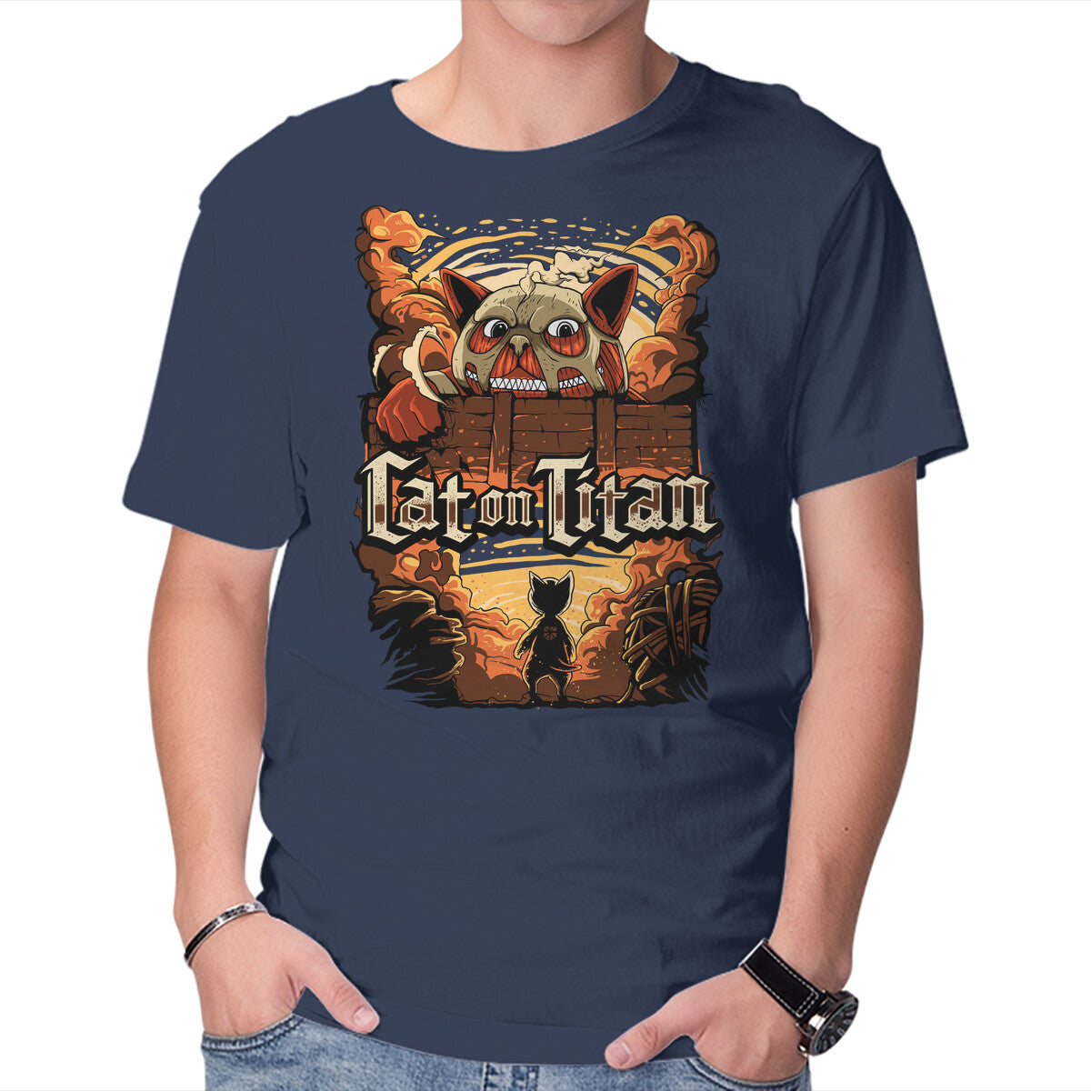 Cat on Titan – Cat Graphic T-Shirt in navy, product display