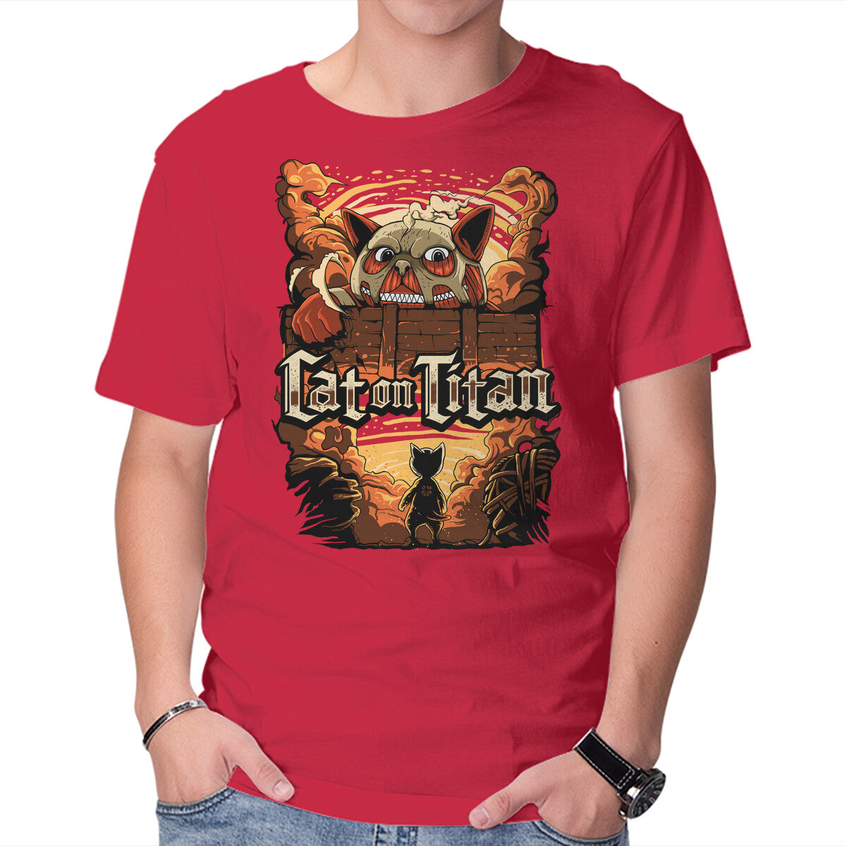 Cat on Titan – Cat Graphic T-Shirt in red, product display
