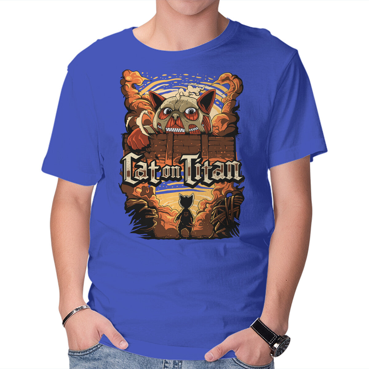 Cat on Titan – Cat Graphic T-Shirt in royal blue, product display